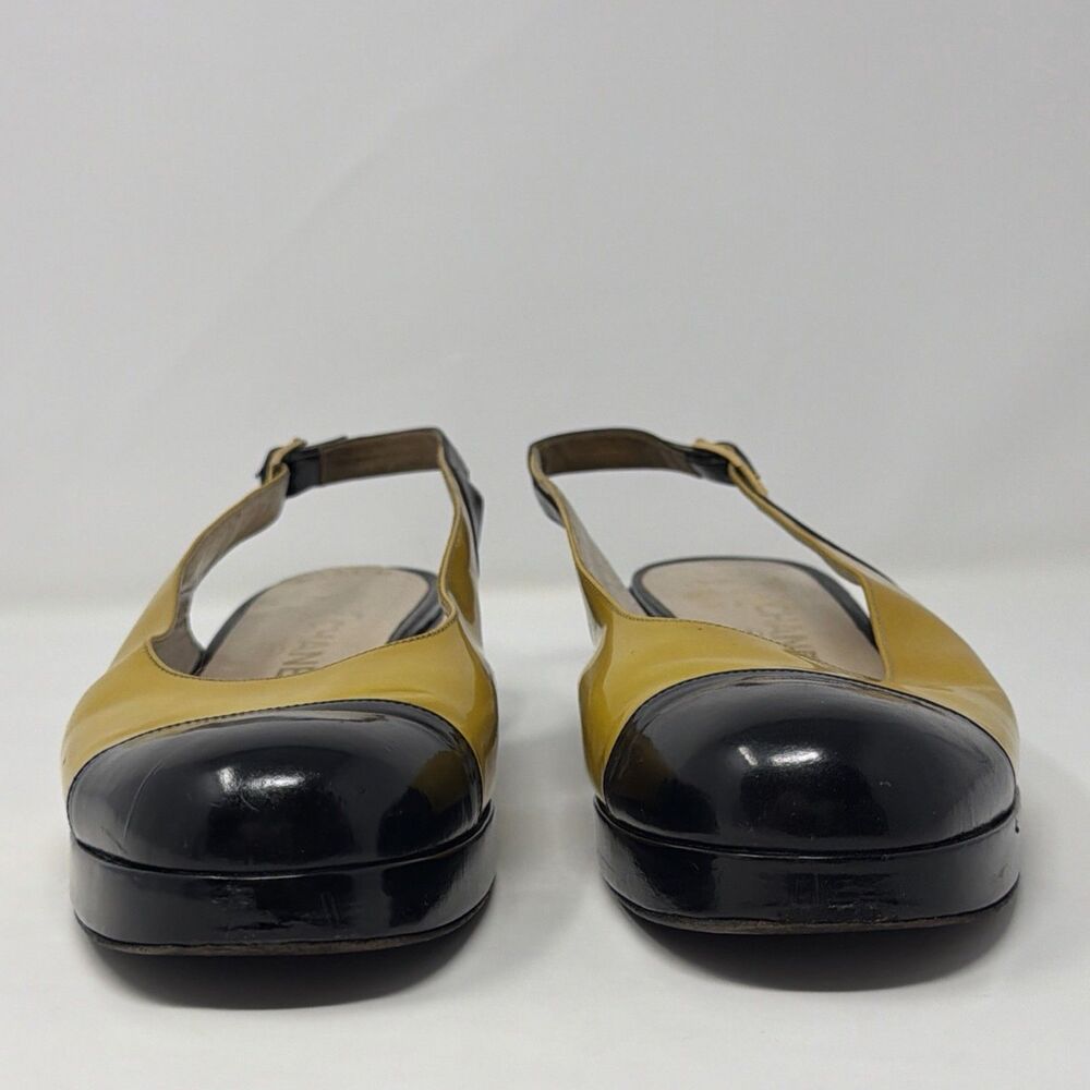 Chanel Vintage Slingback Heels Yellow Black Cap Toe Patent Leather EU 40 Italy - Picture 12 of 16
